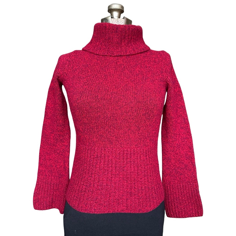 Express Red Merino Wool Turtleneck Sweater Size Small Fitted Knit Bell Sleeve